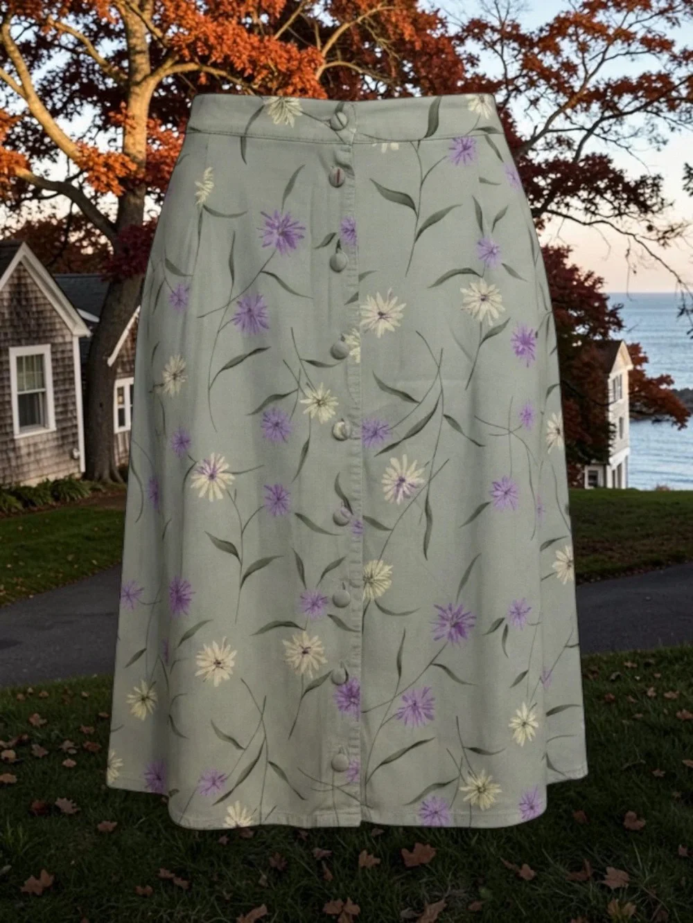 Vintage Floral Button-Front A-Line Skirt — Sage Green